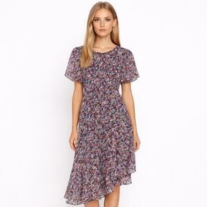 Astr the Label Flutter Sleeve Floral Asymmetric Maxi Dress Med Lined Purple Pink